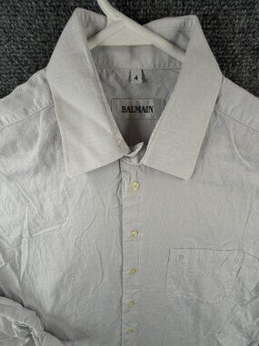 Balmain Men Button Up Long Sleeve Shirt Cotton Size 4 Gray Pocket Logo Textured